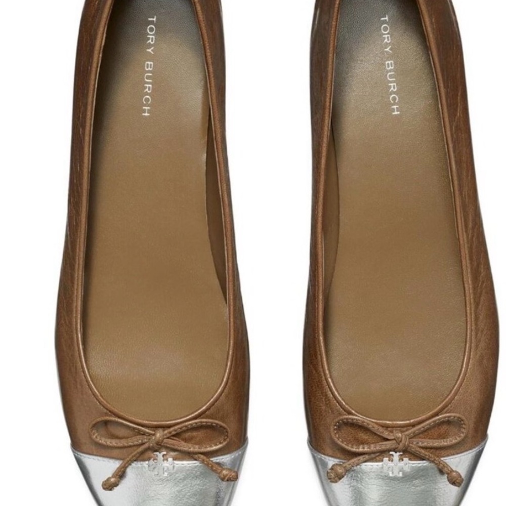 NIB Tory Burch Metallic Silver and Brown Cap toe Ballet Flats WSz 8